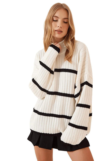 Women's Ecru Half-Neck Striped Knitwear Sweater HZL24W-BD1101451