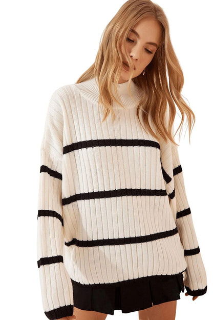 Women's Ecru Half-Neck Striped Knitwear Sweater HZL24W-BD1101451