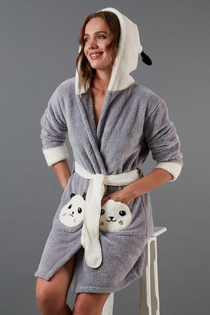 Waist-Tied Hooded Plush Dressing Gown with Pockets 6093040PANDA