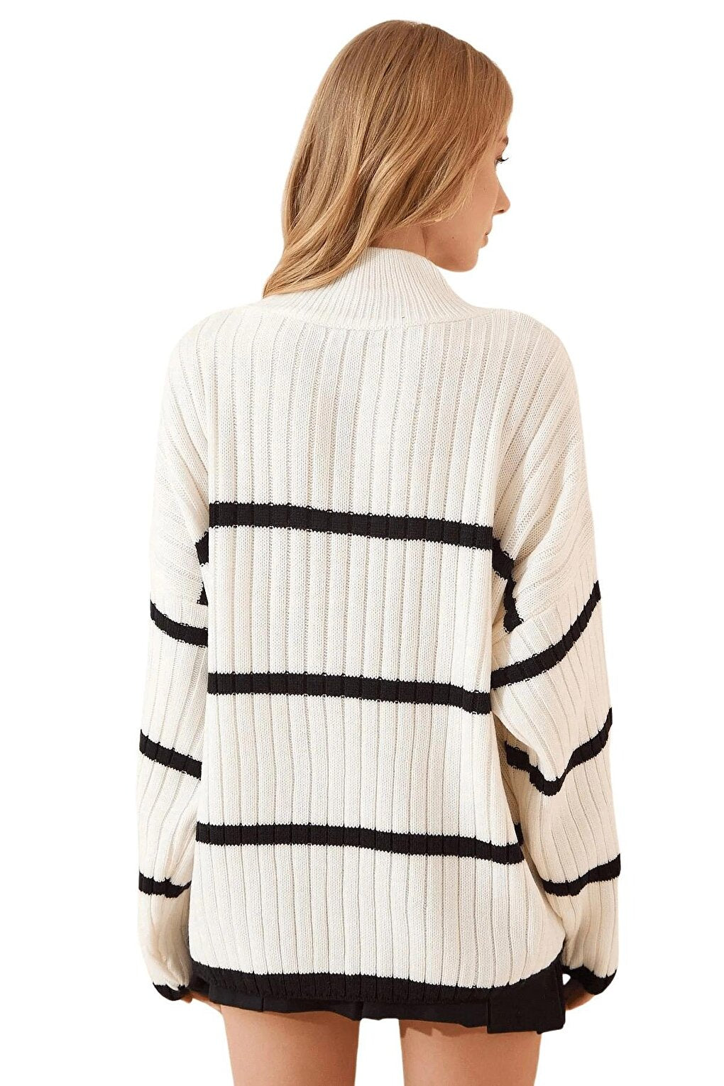 Women's Ecru Half-Neck Striped Knitwear Sweater HZL24W-BD1101451