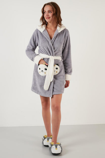 Waist-Tied Hooded Plush Dressing Gown with Pockets 6093040PANDA