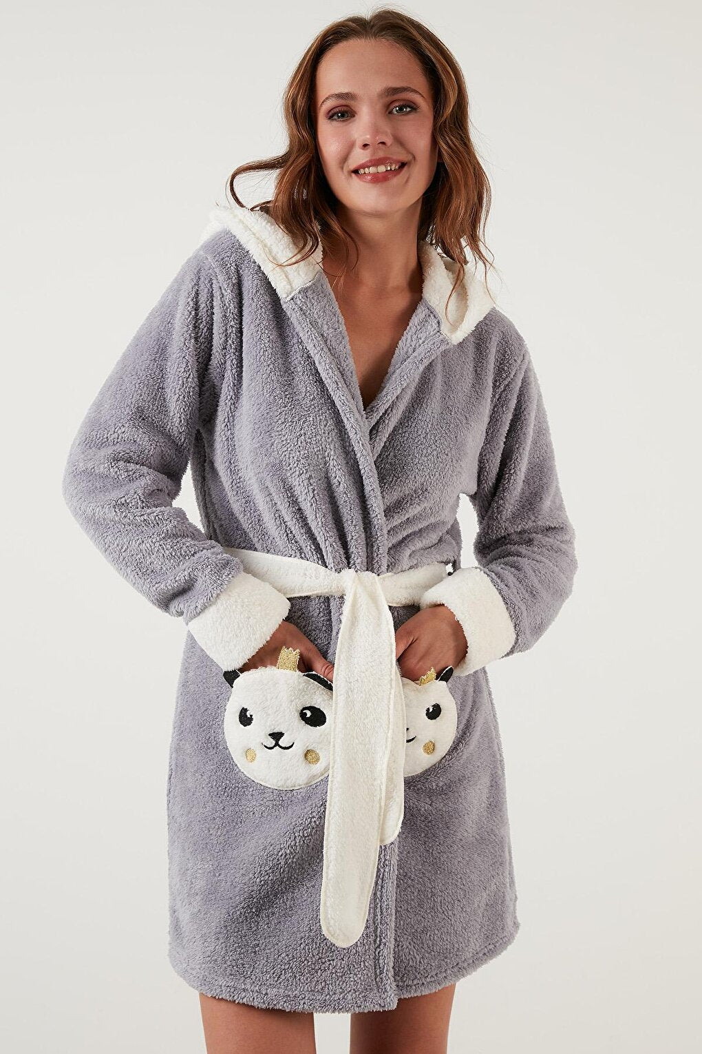 Waist-Tied Hooded Plush Dressing Gown with Pockets 6093040PANDA