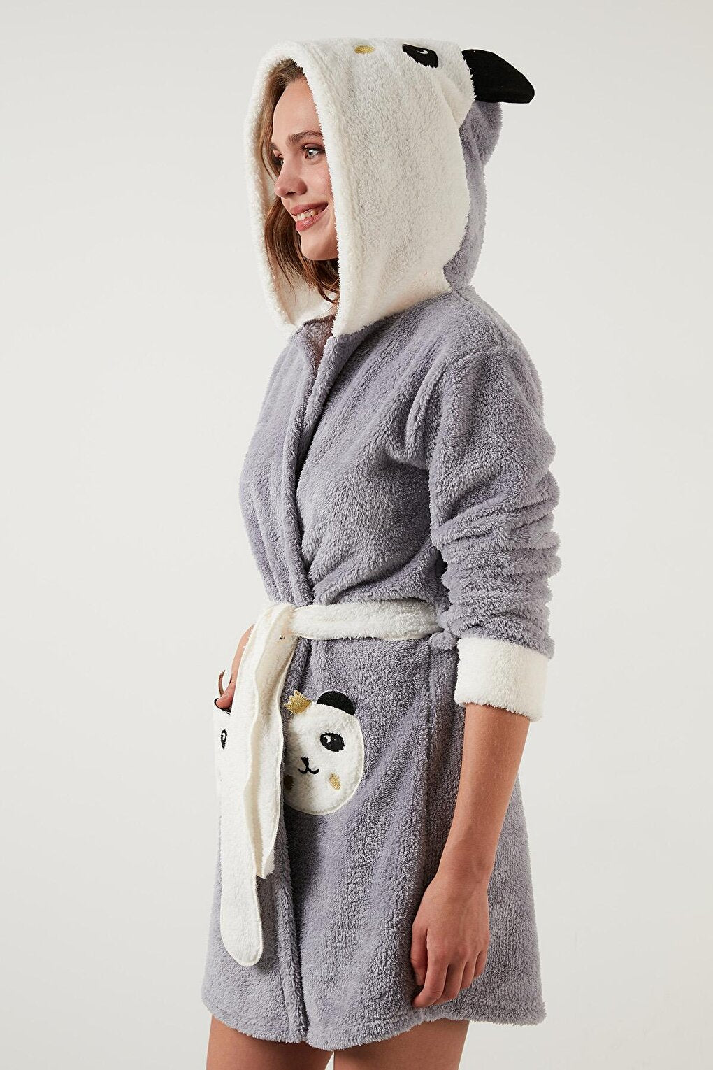 Waist-Tied Hooded Plush Dressing Gown with Pockets 6093040PANDA