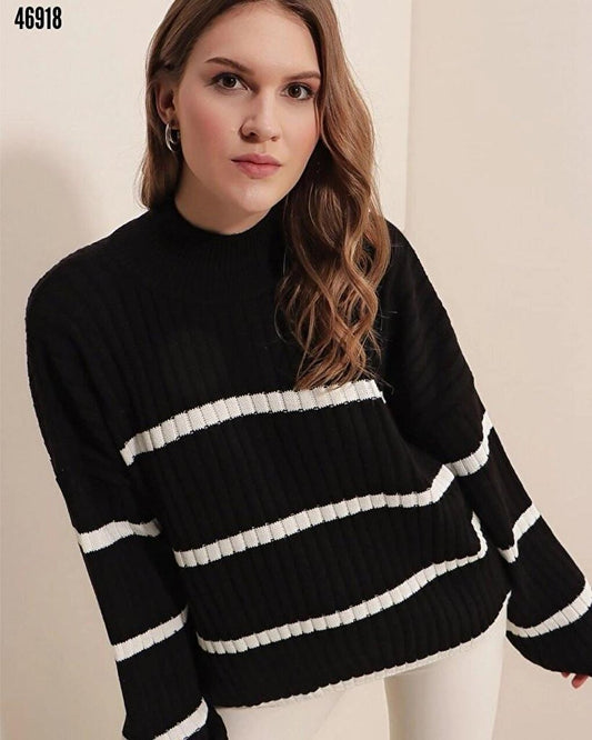 Women's Black Half-Neck Striped Knitwear Sweater HZL24W-BD1101451