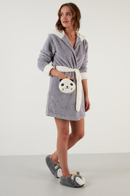 Waist-Tied Hooded Plush Dressing Gown with Pockets 6093040PANDA