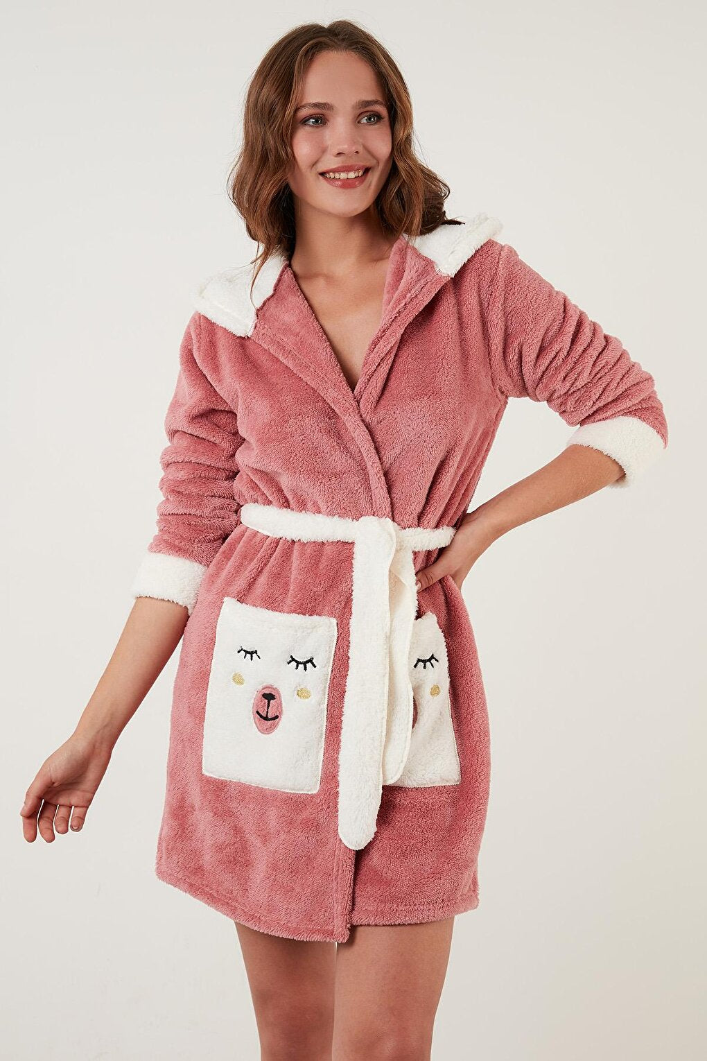 Waist-Tied Hooded Plush Dressing Gown with Pockets 6093040 KIRPIK