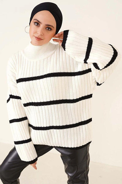 Women's Hijab Ecru Half-Neck Striped Knitwear Sweater HZL23W-BD1101451