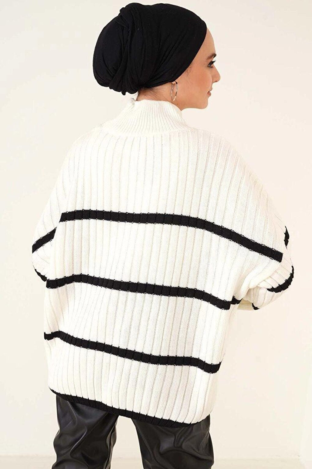 Women's Hijab Ecru Half-Neck Striped Knitwear Sweater HZL23W-BD1101451