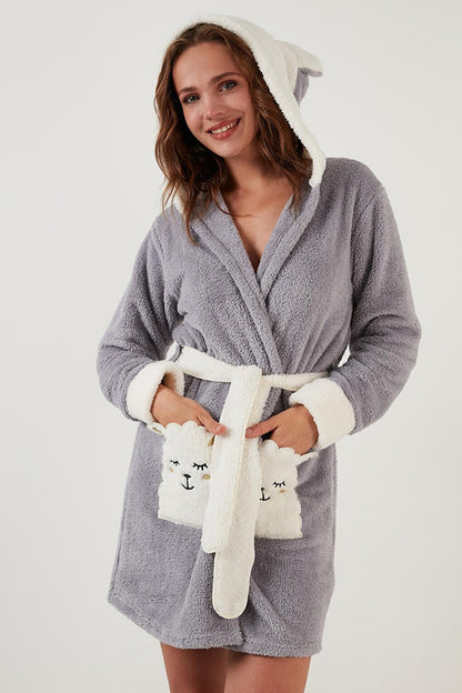 Waist-Tied Hooded Plush Dressing Gown with Pockets 6093040