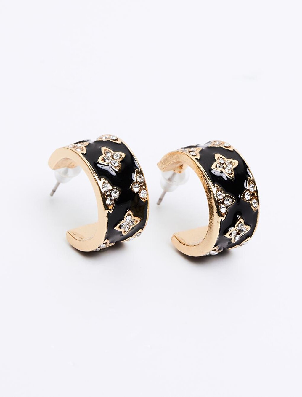 Black Shiny Stone Patterned Hoop Earrings