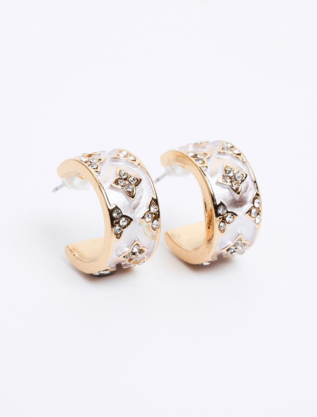 White Shiny Stone Patterned Hoop Earrings