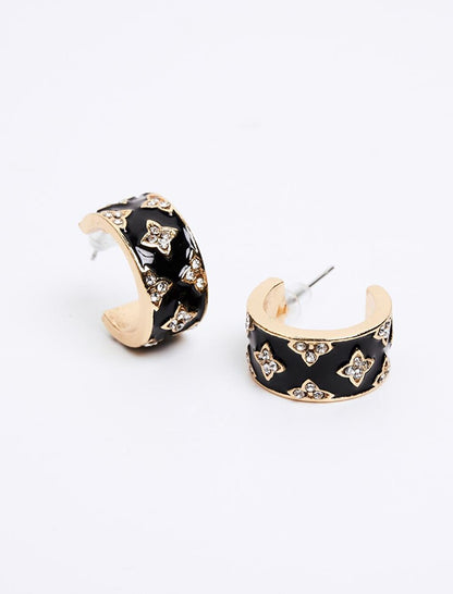 Black Shiny Stone Patterned Hoop Earrings