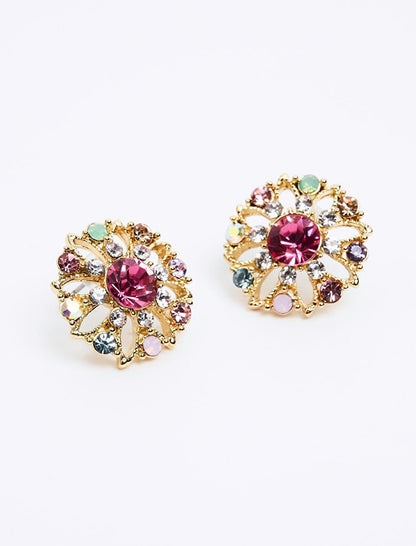 Mixed Shiny Stone Ring Figured Flower Earrings