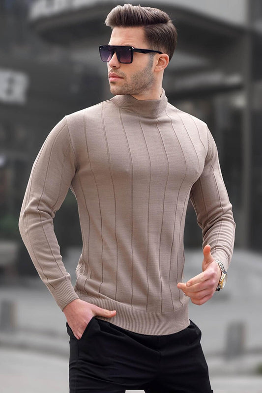 Mink Slim Fit Half Turtleneck Striped Men's Pilling-Free Knitwear Sweater 6344