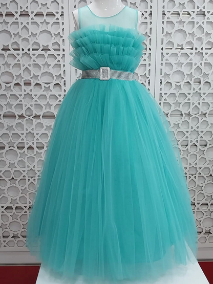 Crew Neck Tulle Detailed Girls' Evening Dress