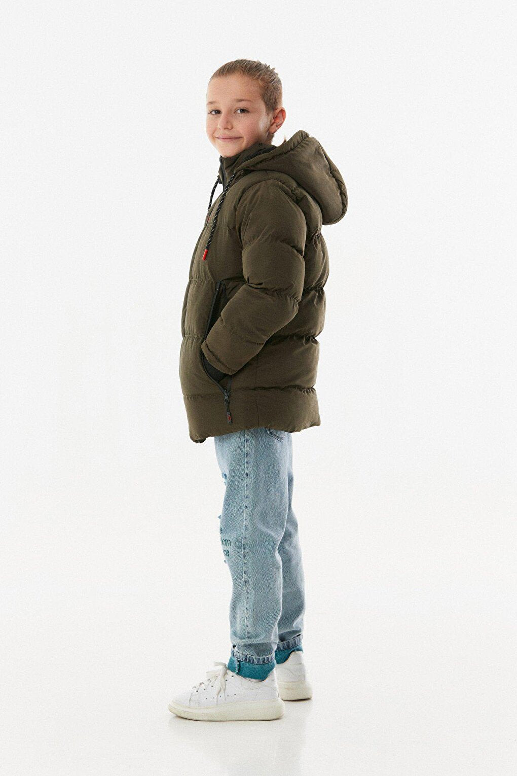 Hooded Boy's Coat with Zipper Pocket