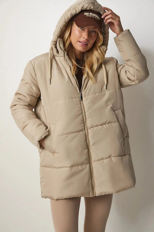 Women's Beige Hooded Zippered Puffer Coat HZL24W-BD151631