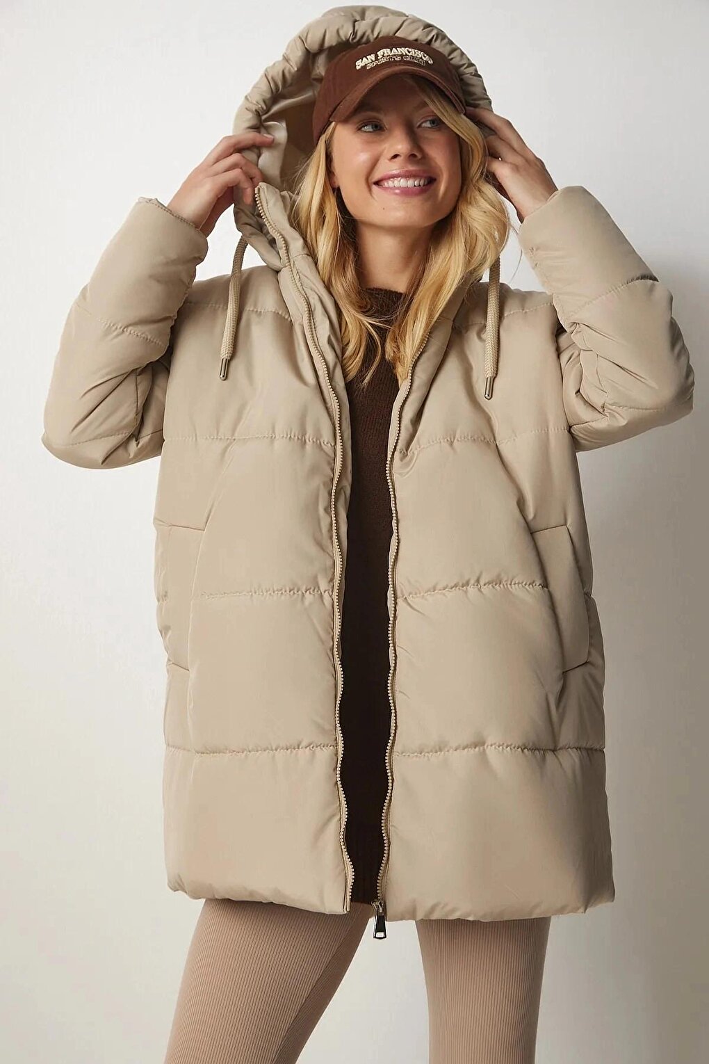 Women's Beige Hooded Zippered Puffer Coat HZL24W-BD151631