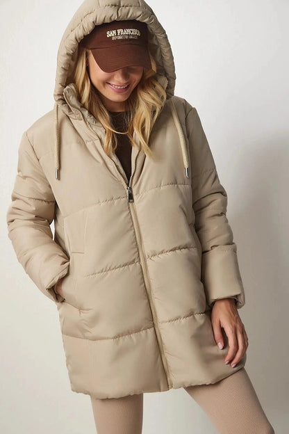 Women's Beige Hooded Zippered Puffer Coat HZL24W-BD151631