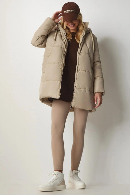 Women's Beige Hooded Zippered Puffer Coat HZL24W-BD151631