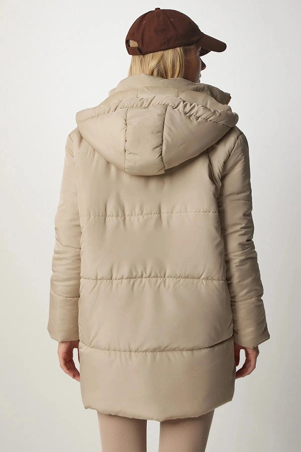 Women's Beige Hooded Zippered Puffer Coat HZL24W-BD151631