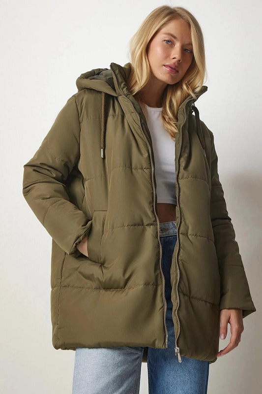 Women's Khaki Hooded Zippered Puffer Coat HZL24W-BD151631