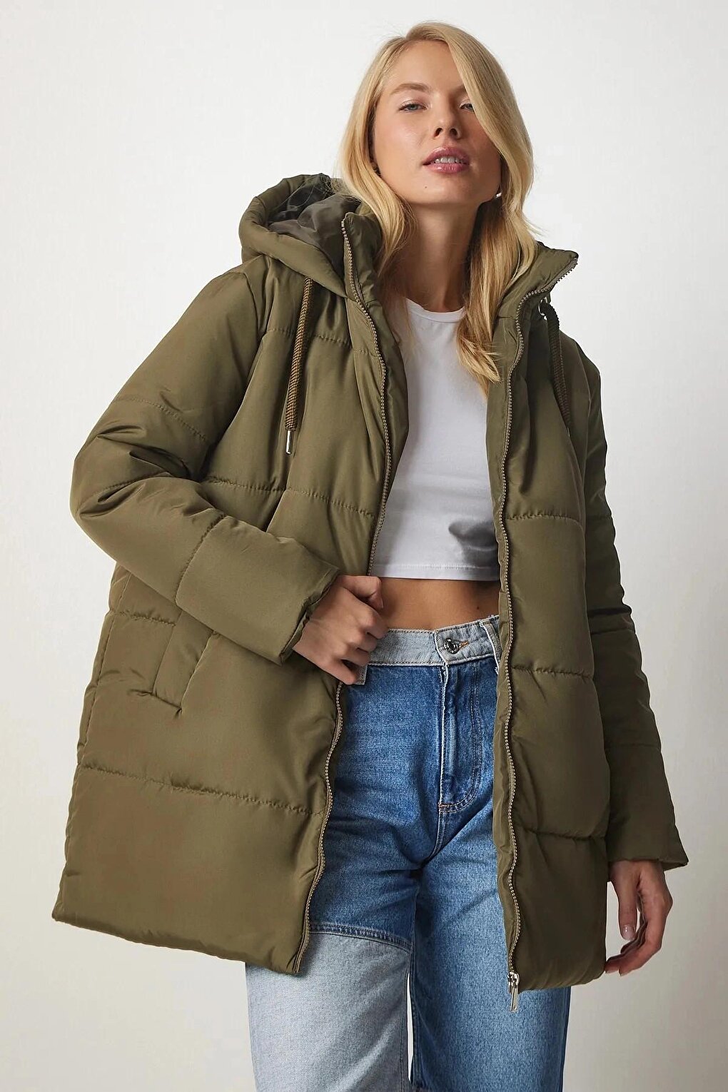 Women's Khaki Hooded Zippered Puffer Coat HZL24W-BD151631