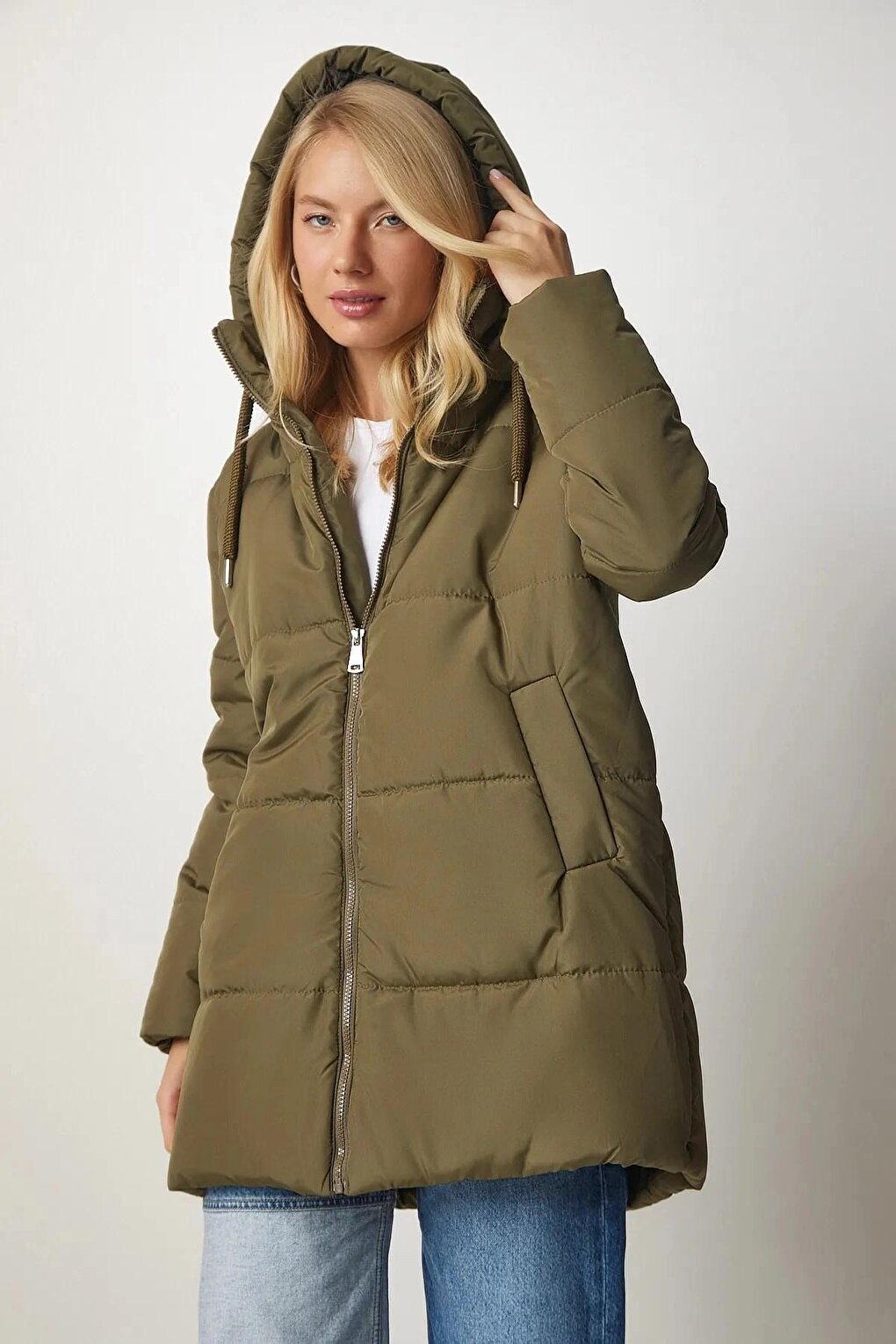 Women's Khaki Hooded Zippered Puffer Coat HZL24W-BD151631