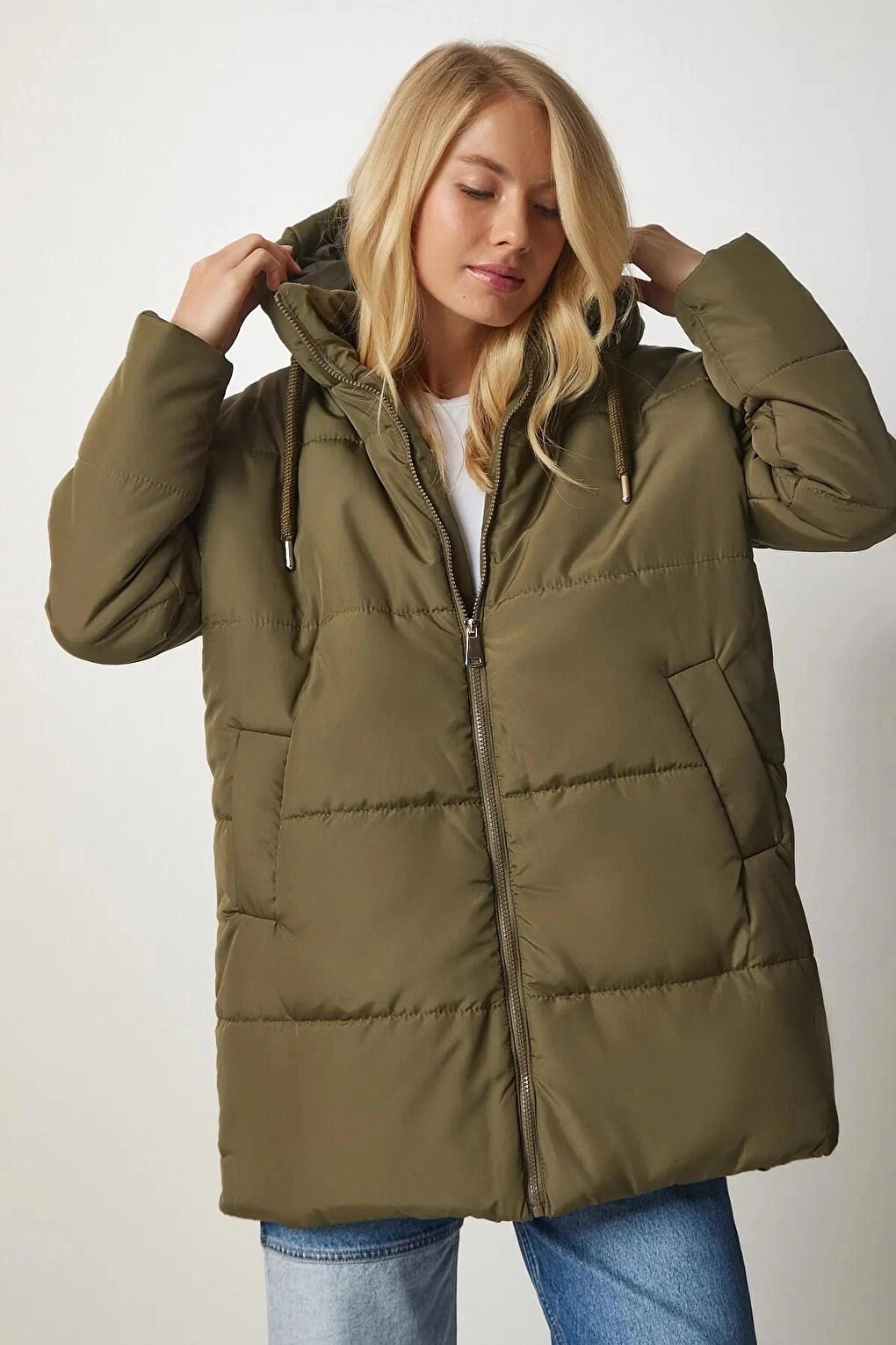 Women's Khaki Hooded Zippered Puffer Coat HZL24W-BD151631