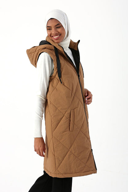 Dark Beige Hooded Zippered Quilted Vest