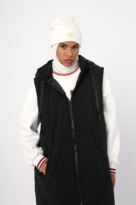 Black Hooded Zippered Quilted Vest