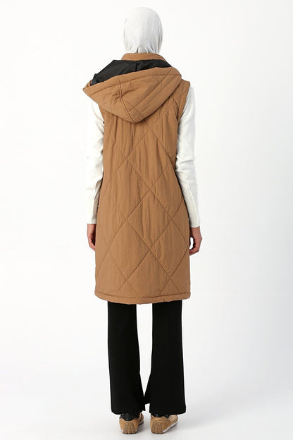 Dark Beige Hooded Zippered Quilted Vest