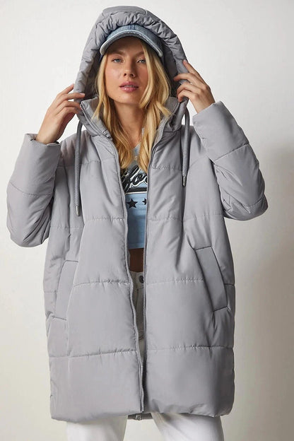 Women's Gray Hooded Zippered Puffer Coat HZL24W-BD151631