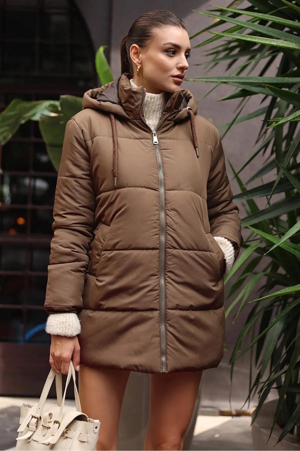 Women's Brown Hooded Zippered Puffer Coat