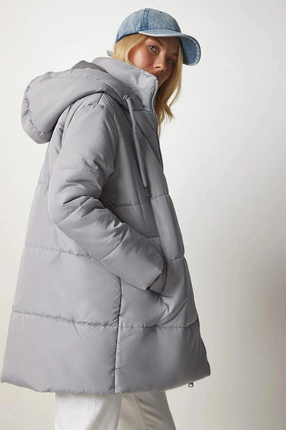 Women's Gray Hooded Zippered Puffer Coat HZL24W-BD151631