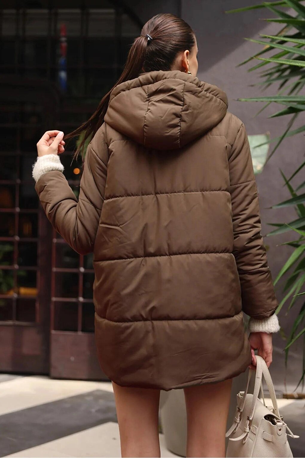 Women's Brown Hooded Zippered Puffer Coat