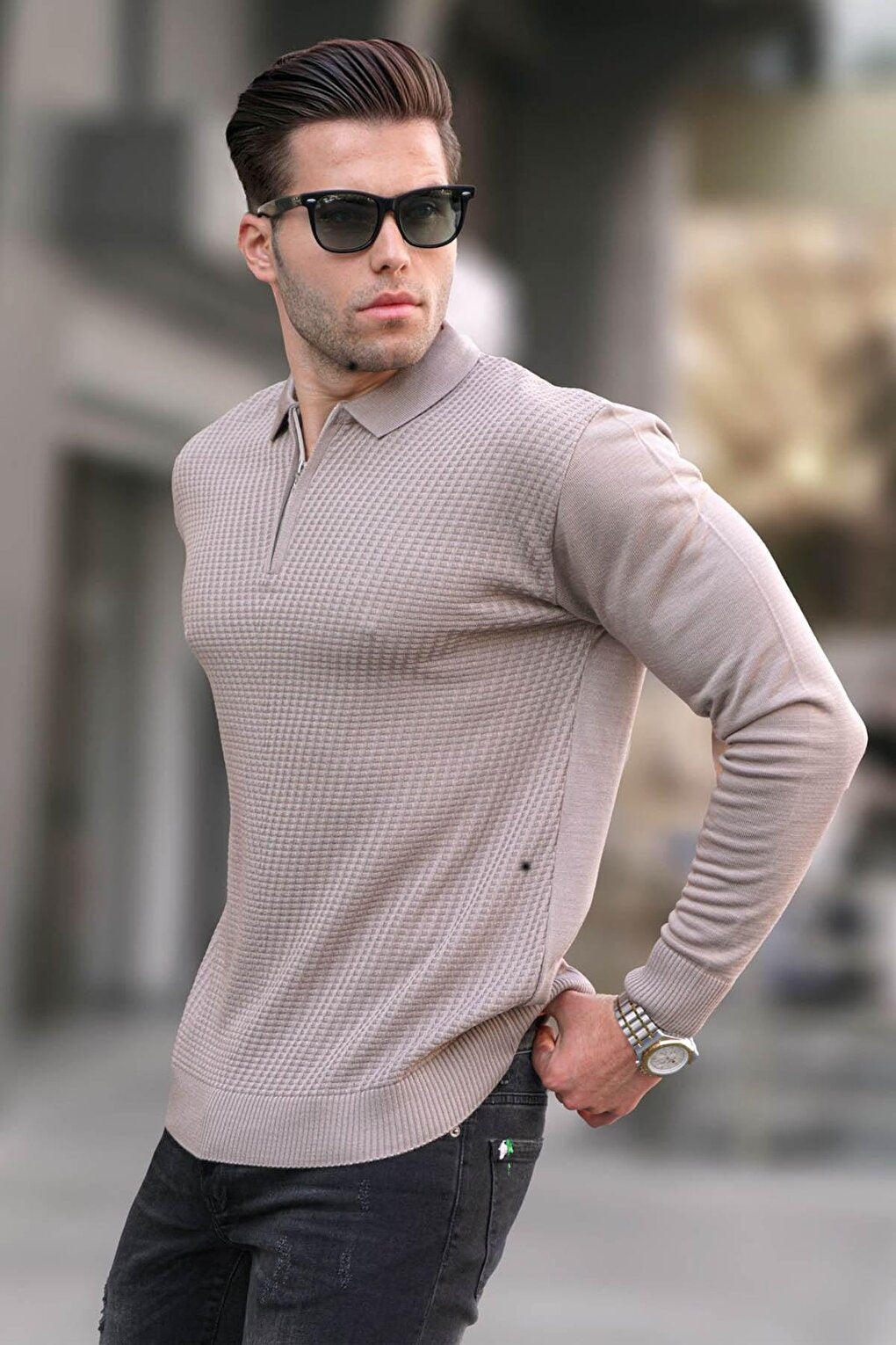 Mink Zippered Polo Neck Knitwear Men's Sweater 5974