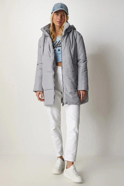 Women's Gray Hooded Zippered Puffer Coat HZL24W-BD151631