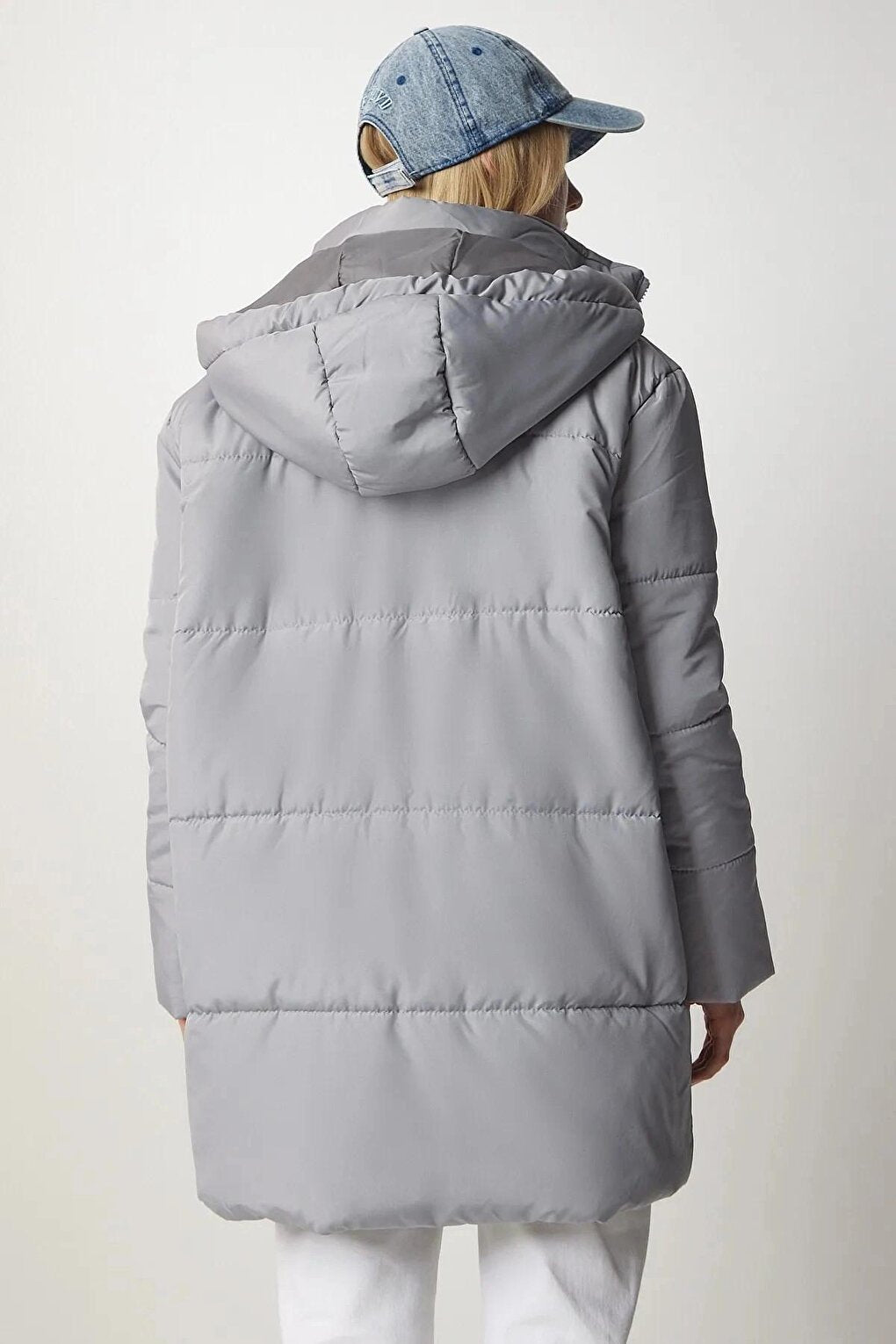 Women's Gray Hooded Zippered Puffer Coat HZL24W-BD151631