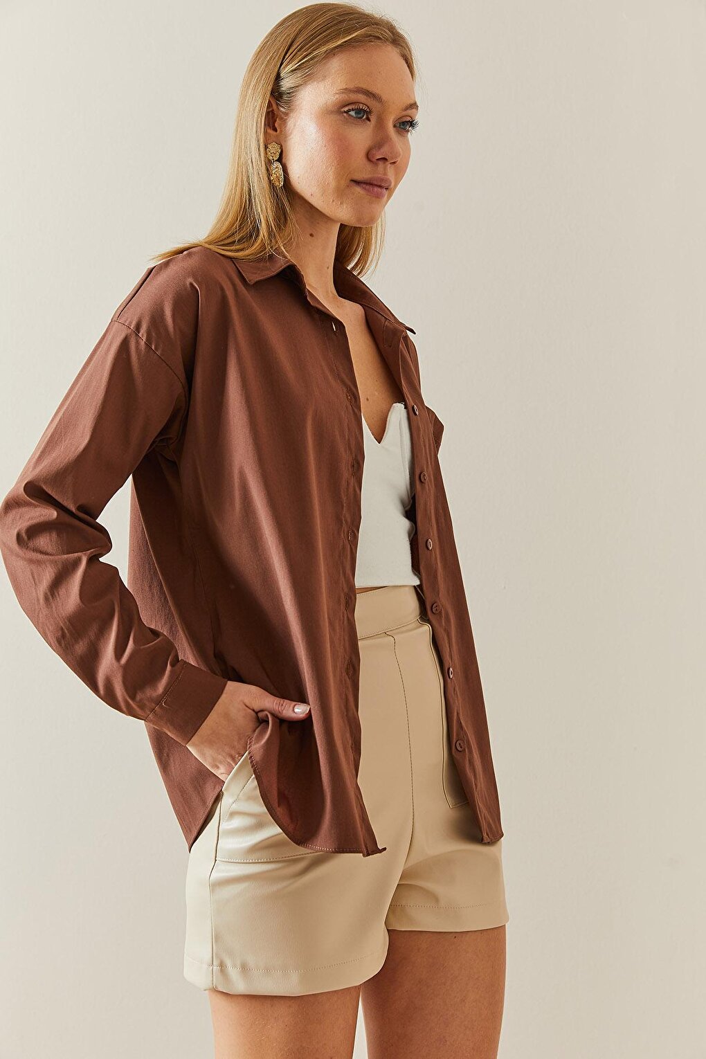 Brown Buttoned Basic Shirt 4KXK2-47832-18