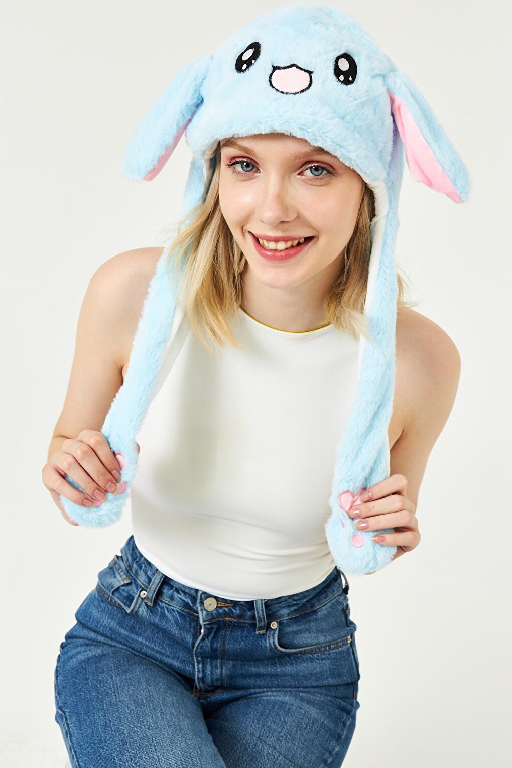 Rabbit Hat with Moving Ears Light Blue with LEDs