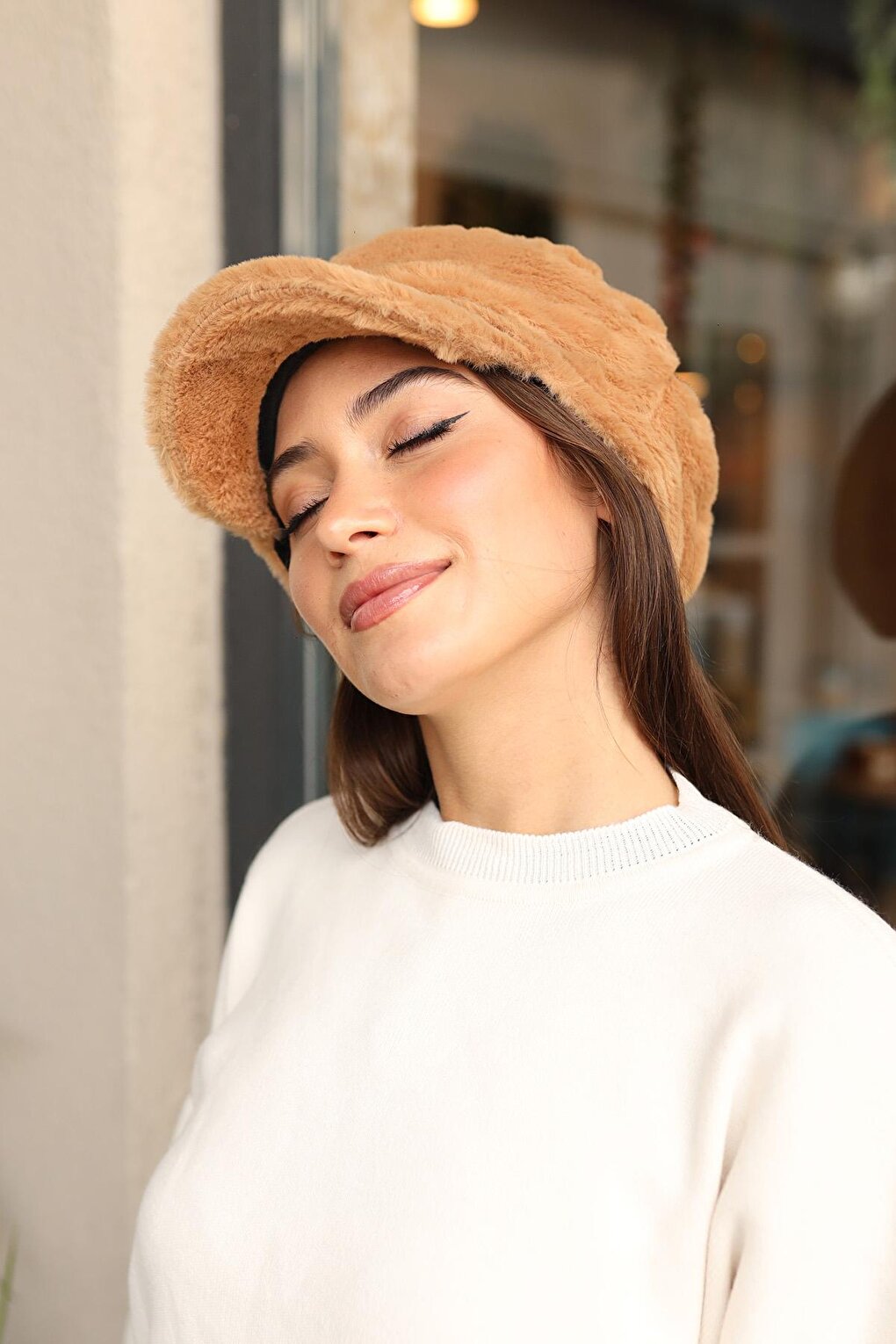 Women's Plush Captain Sailor Hat RKŞ-05 Camel