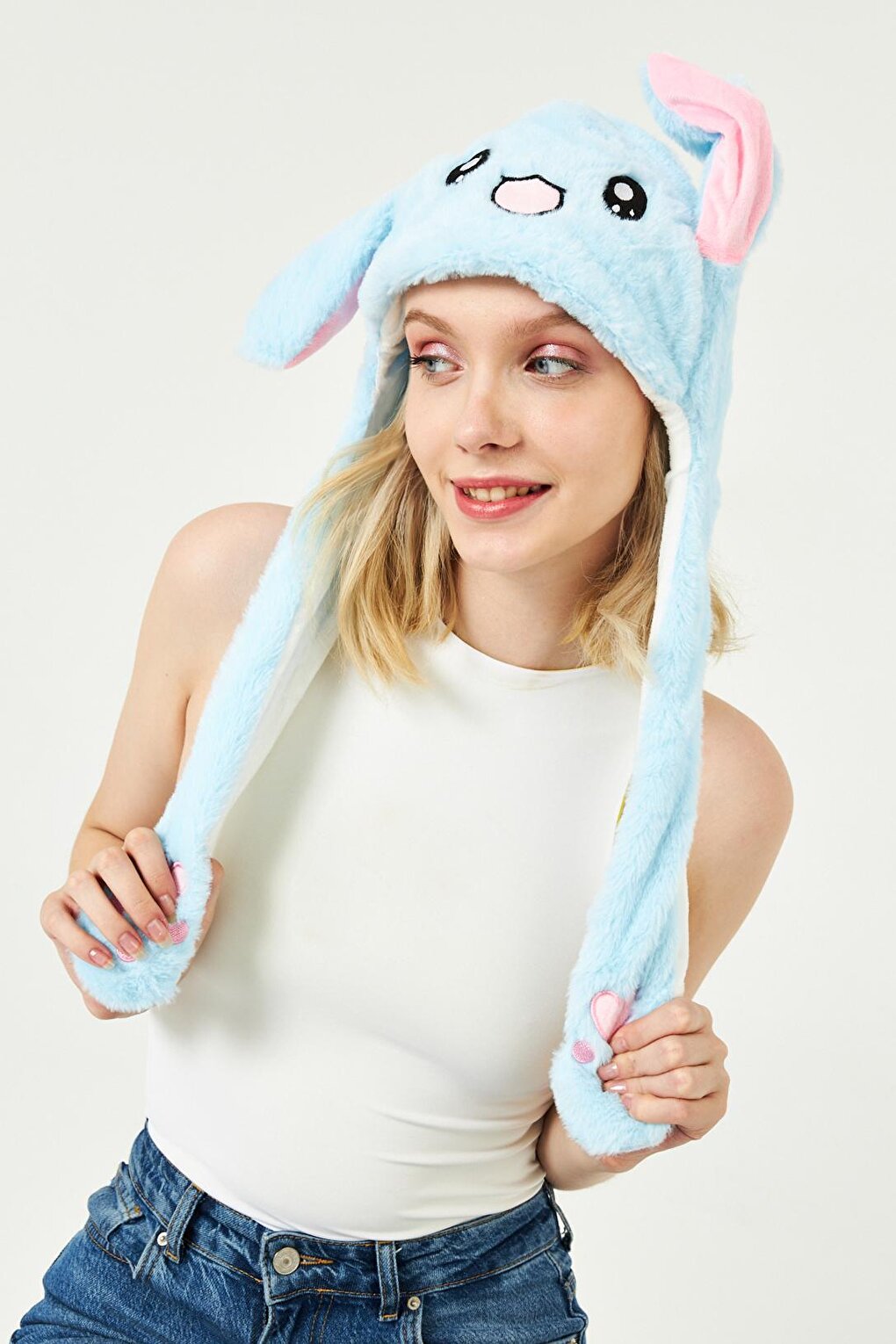 Rabbit Hat with Moving Ears Light Blue with LEDs