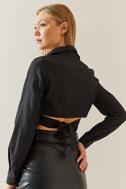 Black Slim Fit Crop Shirt with Back Detail 4KXK2-47801-02