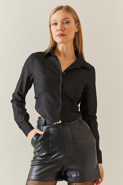 Black Slim Fit Crop Shirt with Back Detail 4KXK2-47801-02