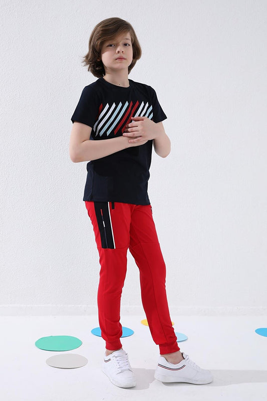 Red Boy's Jogger Half-Stripe Standard Mold Cuffed Tracksuit Bottom - 64047