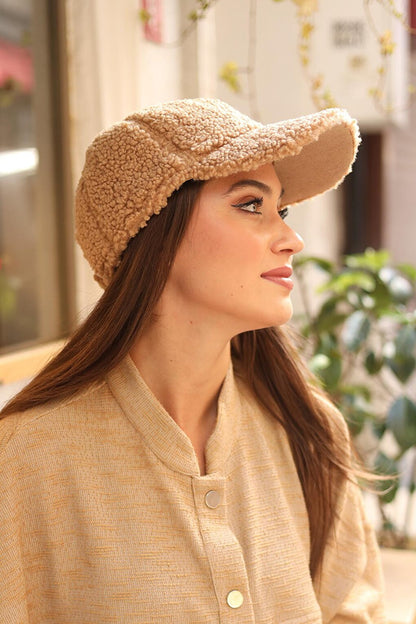 Women's Curly Plush Cap Hat RKŞ-07 Camel