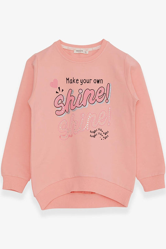 Girl's Sweatshirt Glittery Sequined Text Printed Salmon (Age 8-11)