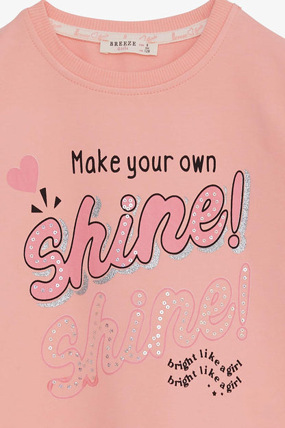 Girl's Sweatshirt Glittery Sequined Text Printed Salmon (Age 8-11)