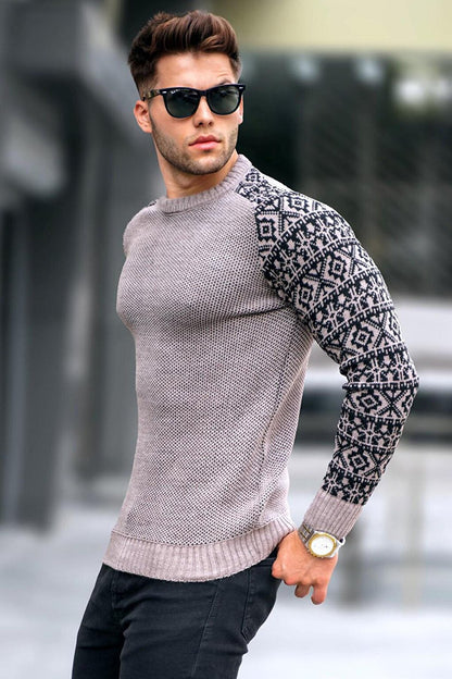 Mink Jacquard Patterned Crew Neck Knitwear Sweater 5770